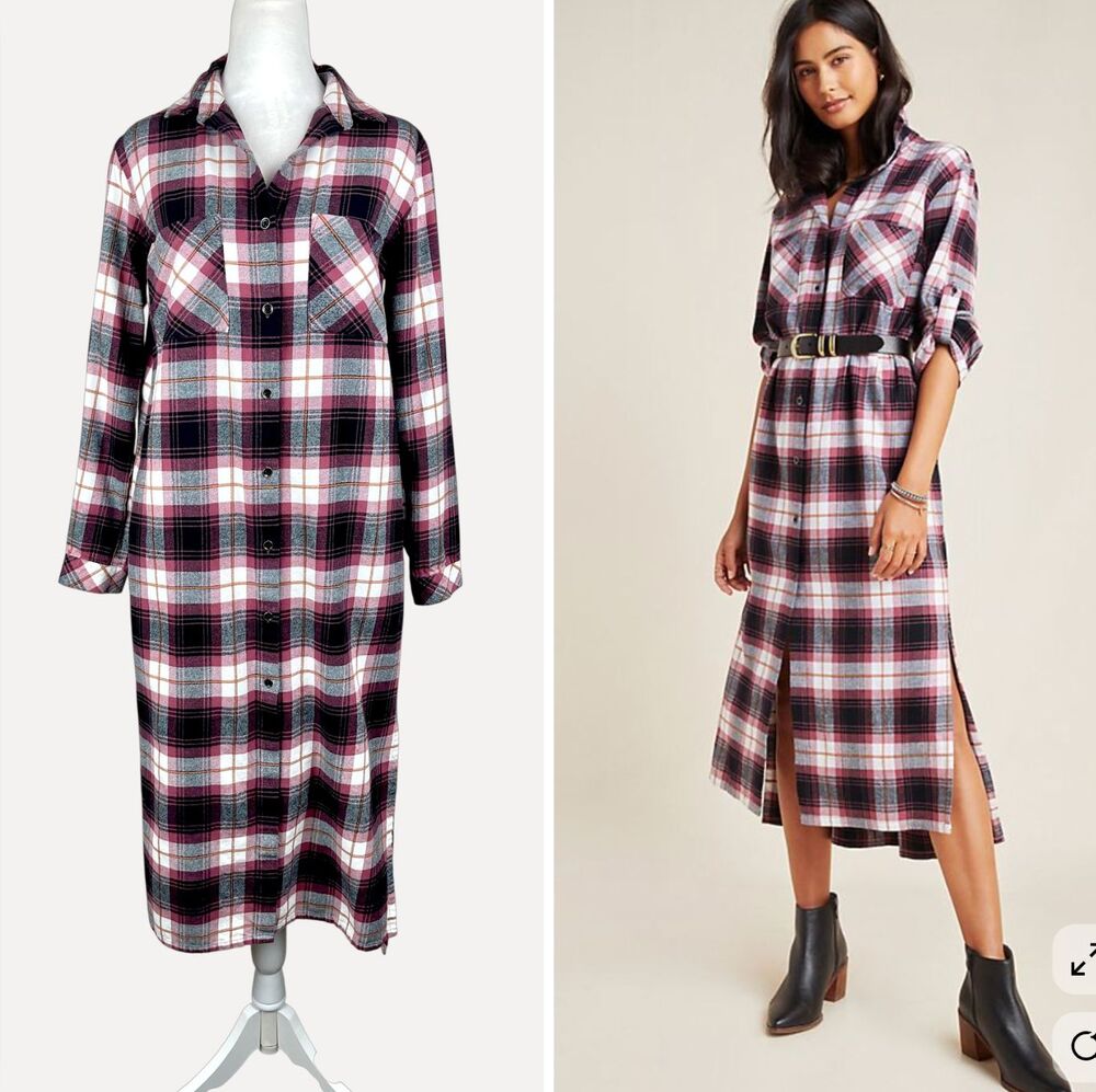 Anthropologie Cloth & Stone Plaid Maxi Shirt Dress Flannel Pockets Sz S